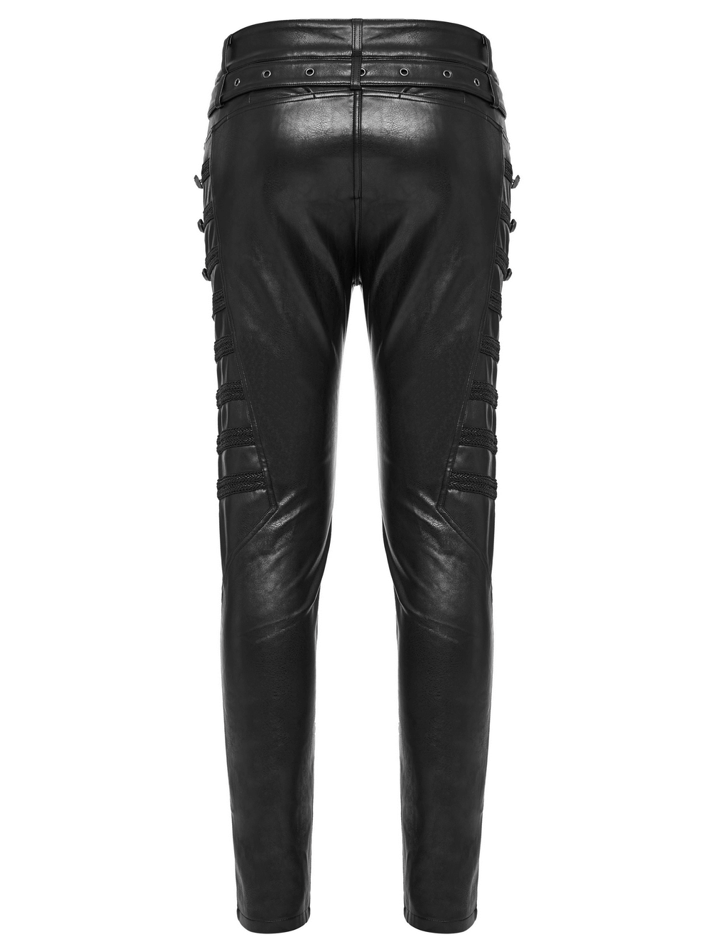 Back view of studded side-buttoned PU punk rocker pants in black, featuring button details and a sleek fit.