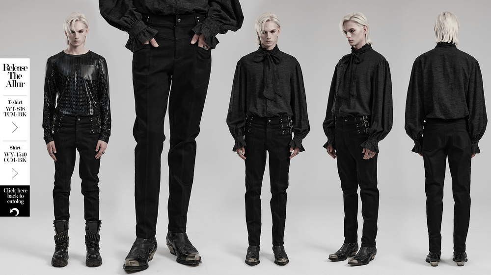 Gothic style model showcasing studded waist slim-fit denim pants in a minimalist studio setting.