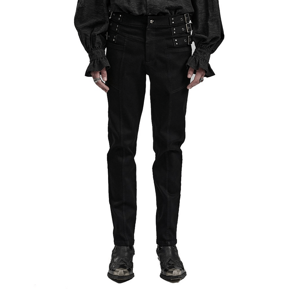 Gothic style slim-fit black denim pants with studded waist and edgy designs for men.