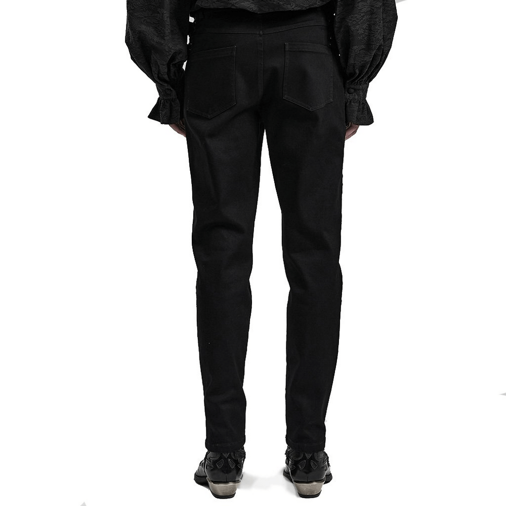 Back view of slim-fit gothic PUNK denim pants featuring a studded waist and straight-leg cut.