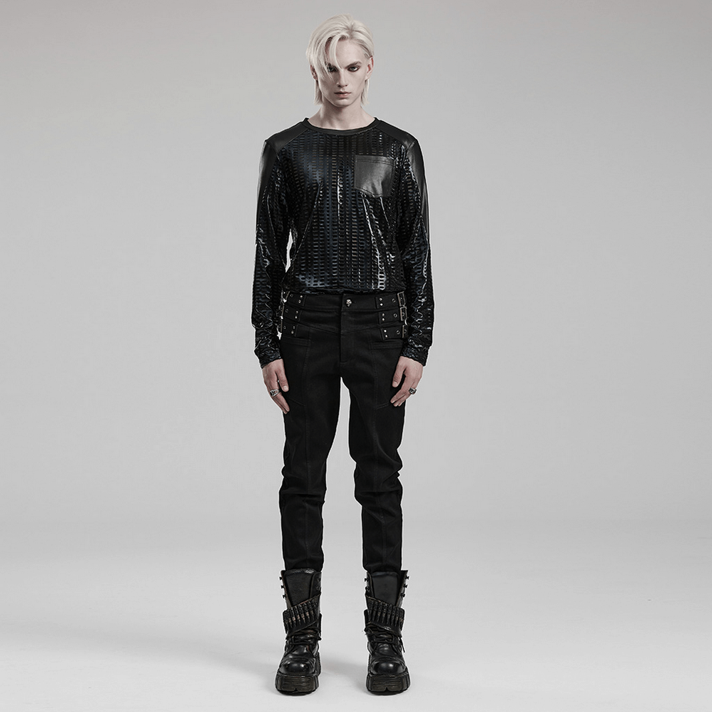 Men's gothic style outfit featuring slim-fit black studded pants and a glossy long-sleeve top.