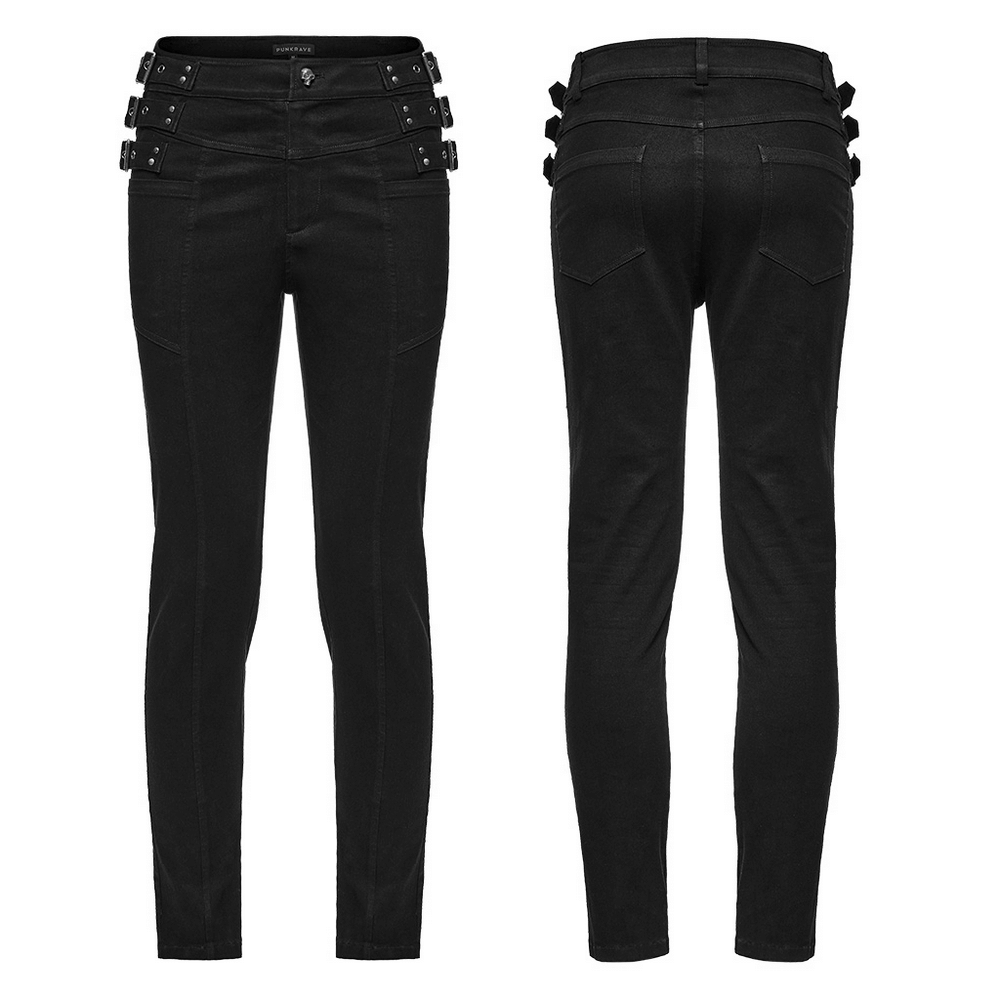 Studded waist slim-fit gothic PUNK denim pants featuring edgy loops and functional back pockets.