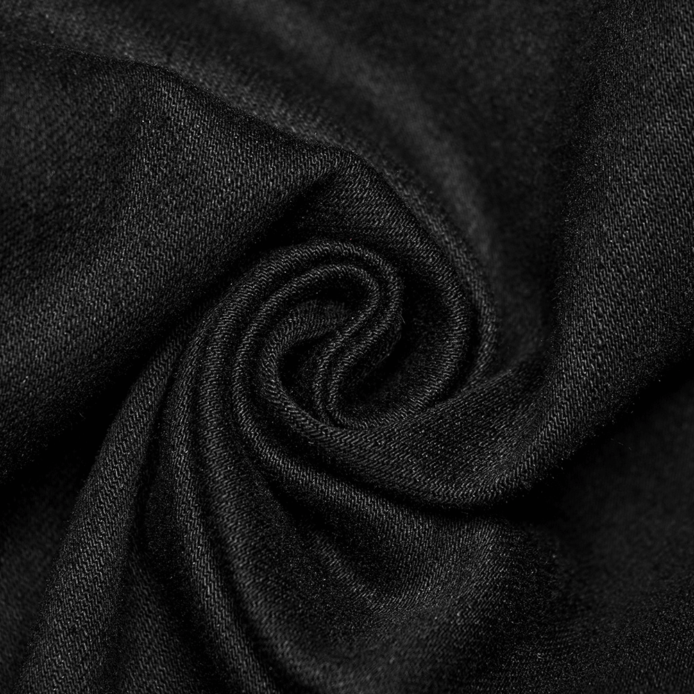 Close-up of soft black elastic denim fabric, showcasing its smooth texture for gothic style garments.