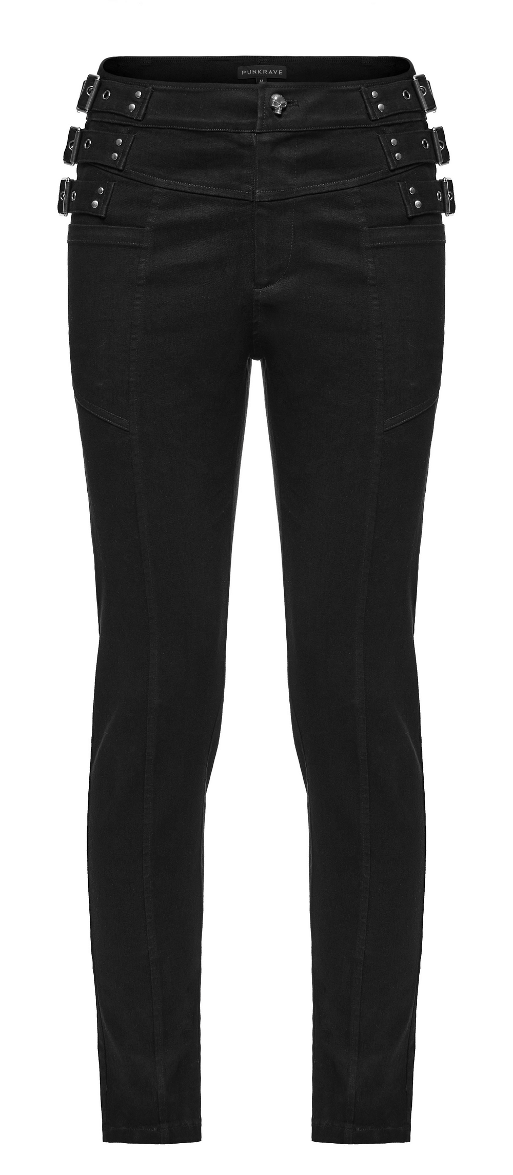 Studded waist slim-fit gothic PUNK denim pants in black, featuring decorative loops and straight-leg design.