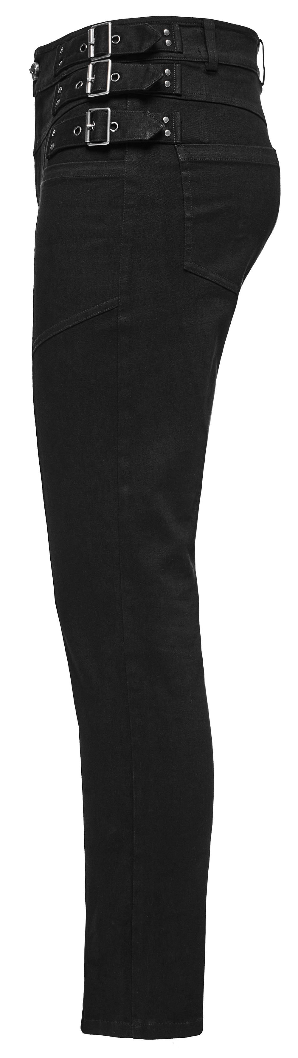Gothic style studded waist slim-fit denim pants for men, featuring edgy buckle details and a sleek black finish.