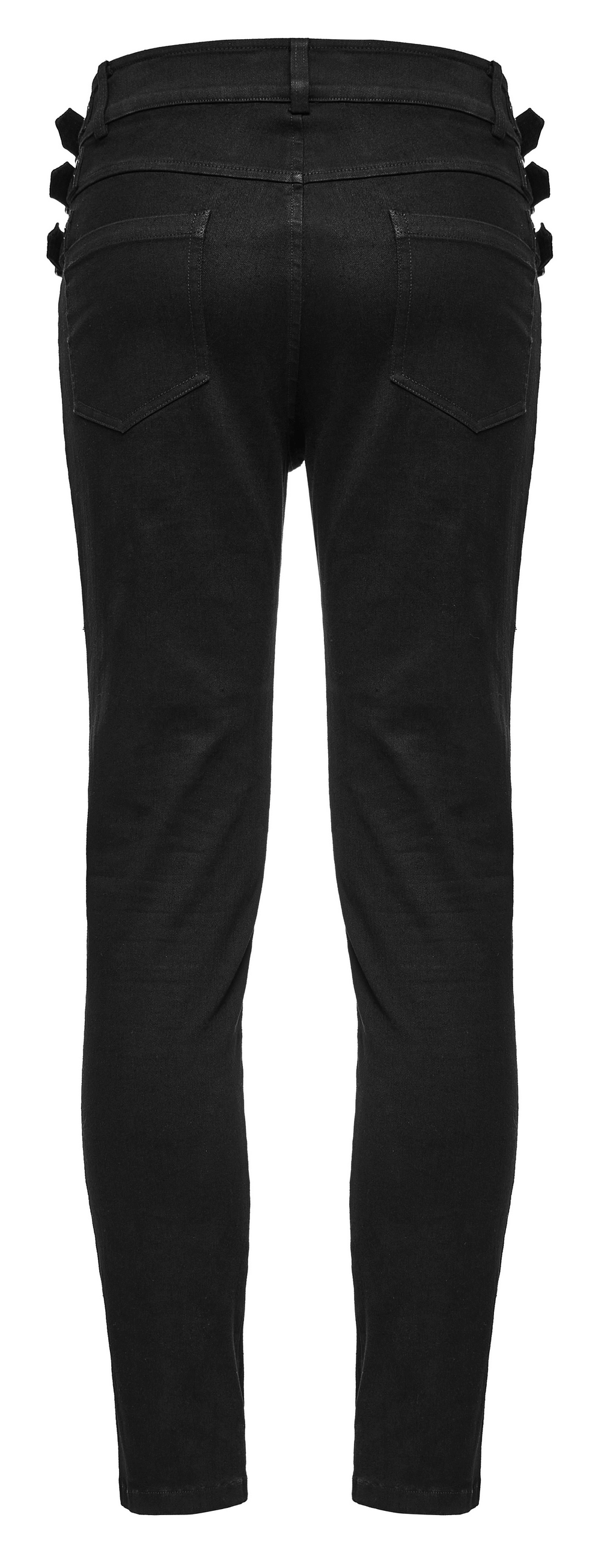Back view of studded waist slim-fit gothic PUNK denim pants, showcasing edgy loops and sleek design.