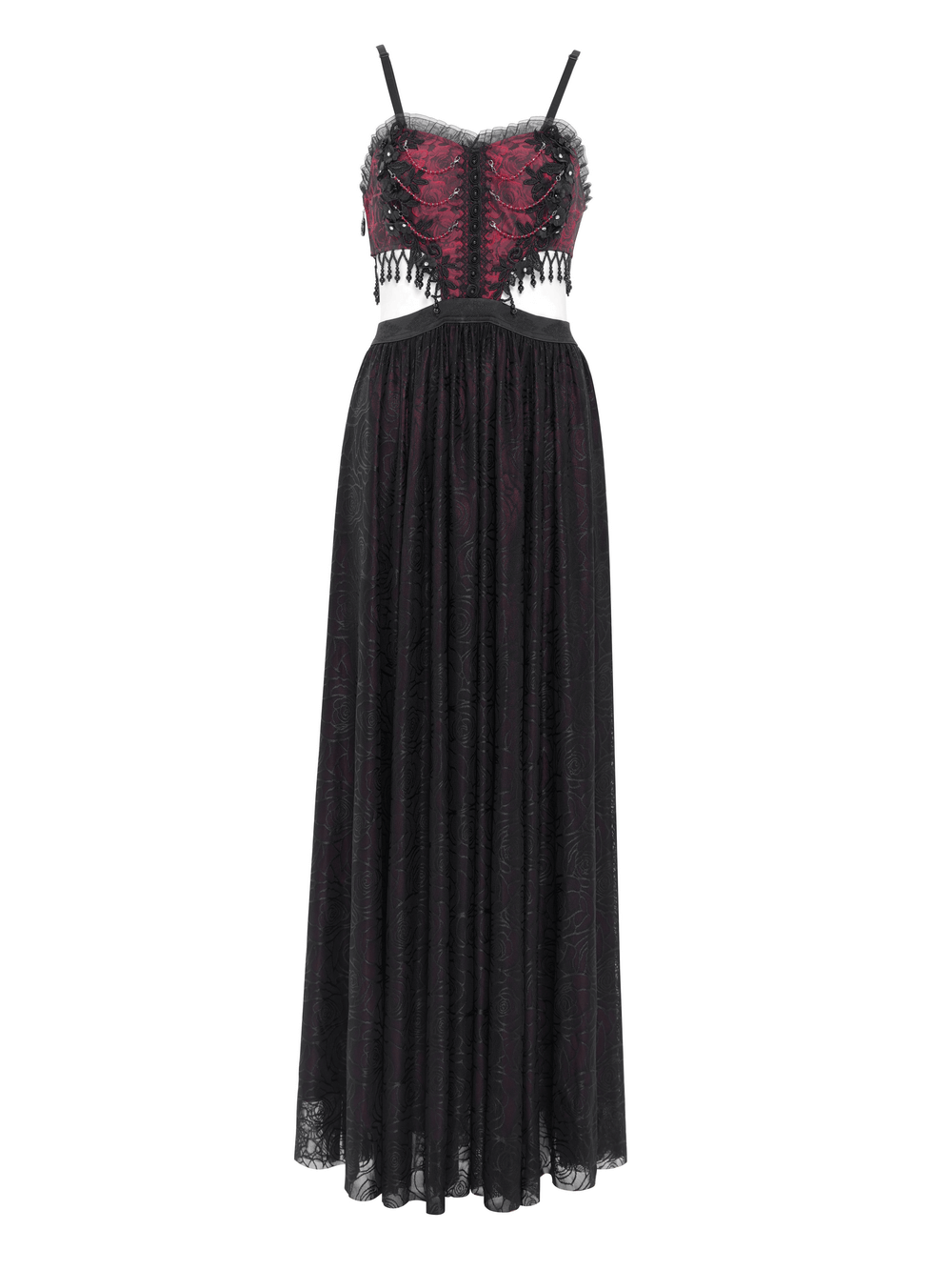 Elegant gothic floral corset dress with lace detailing and sheer skirt, perfect for dark romantic occasions.