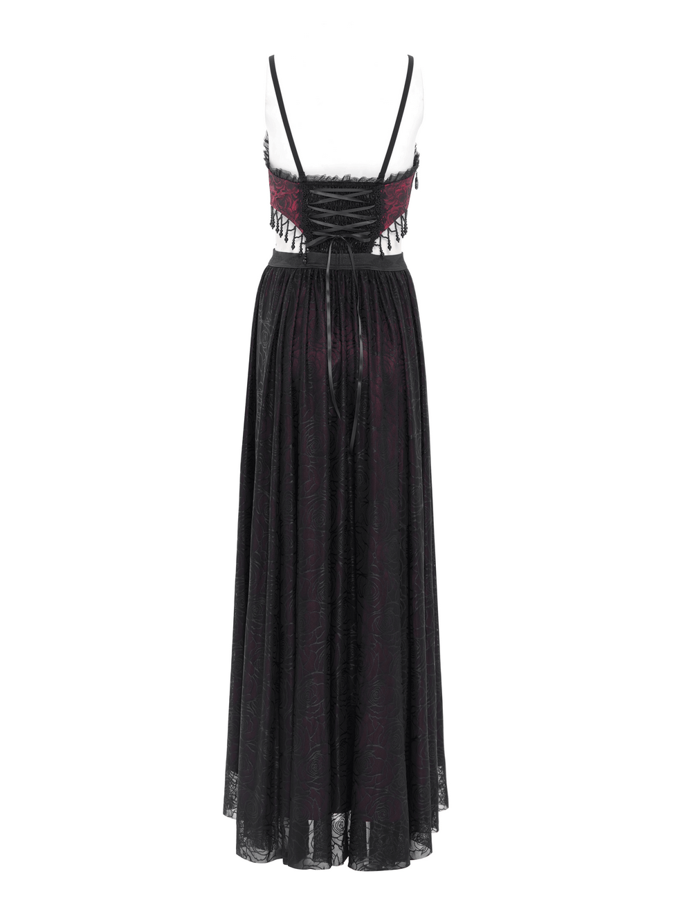 Back view of stunning Gothic floral corset dress with lace detailing and sheer skirt, perfect for dark romantic looks.