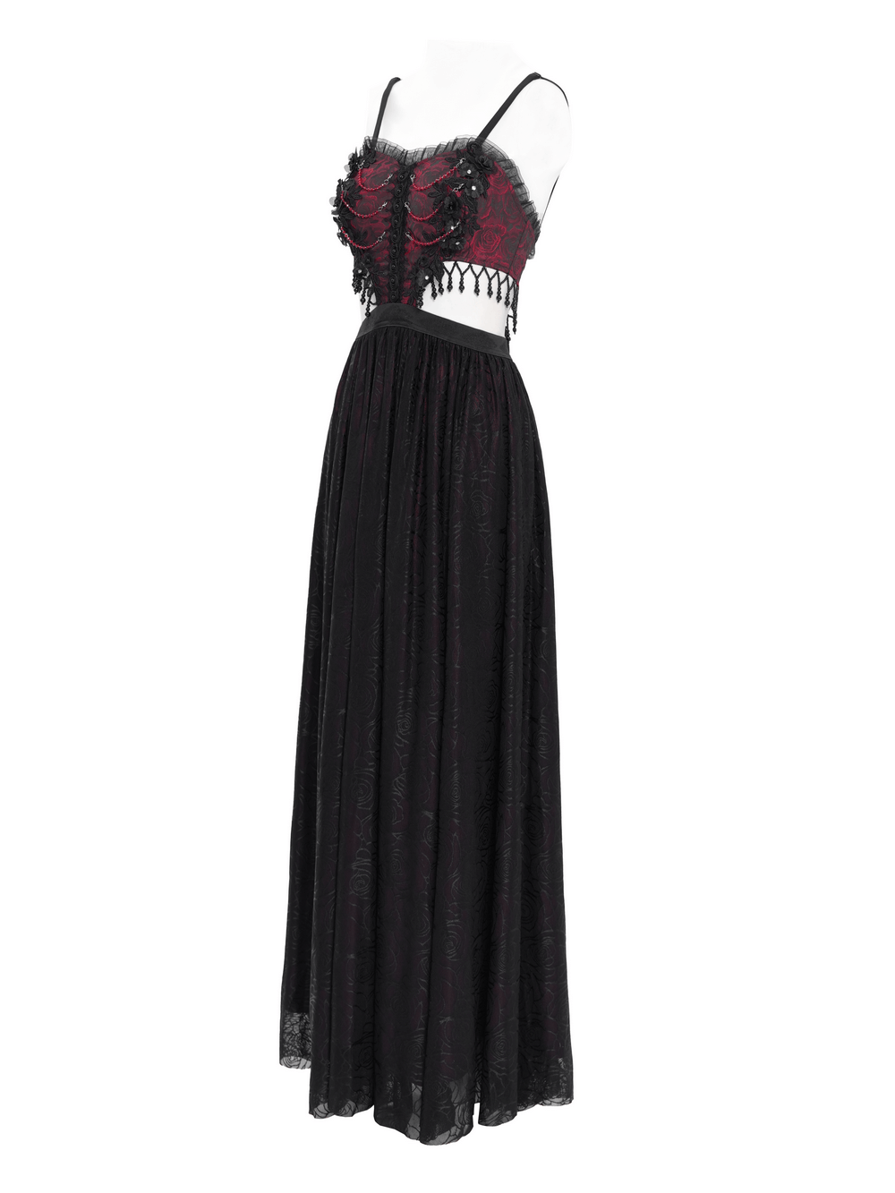Stunning Gothic floral corset dress with lace detailing and sheer skirt for an enchanting, romantic look.