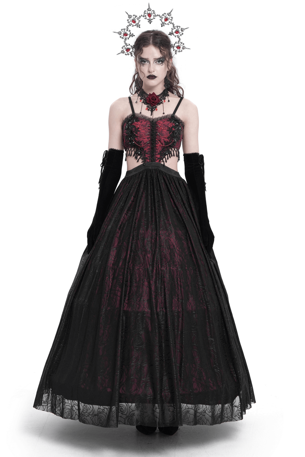 Stunning Gothic floral corset dress with lace detailing and sheer skirt, perfect for dark romantic events.