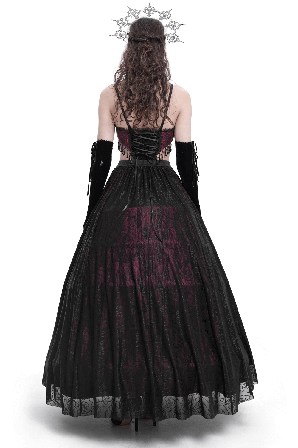 Back view of a stunning gothic floral corset dress featuring intricate lace, sheer skirt, and adjustable lace-up design.