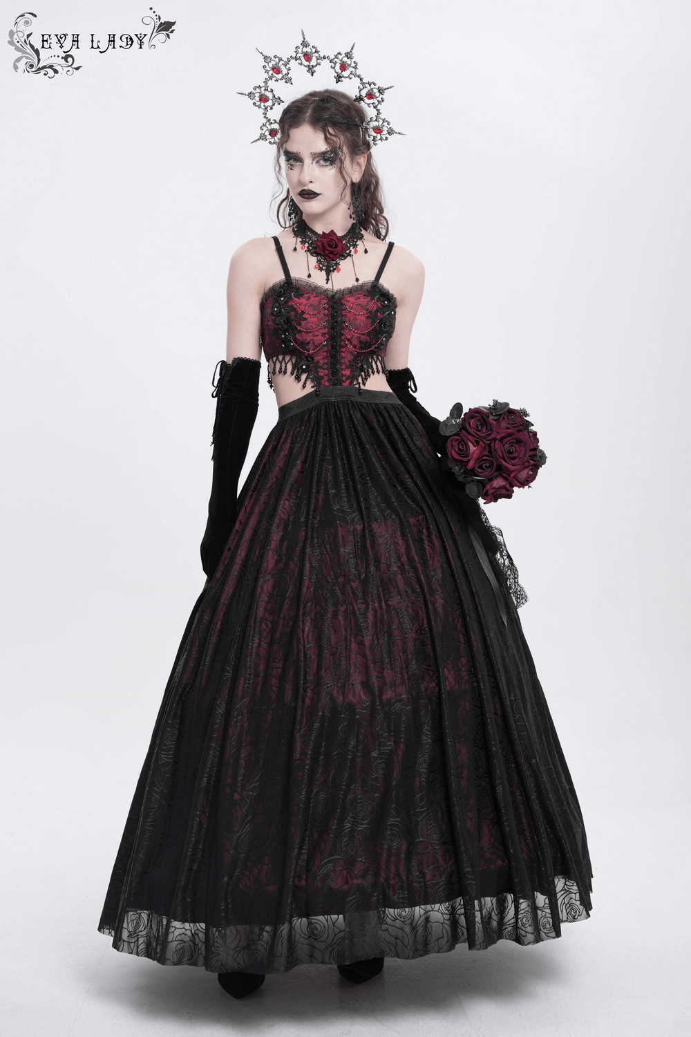 Elegant Gothic floral corset dress with lace detailing and sheer skirt, perfect for dark romantic occasions.