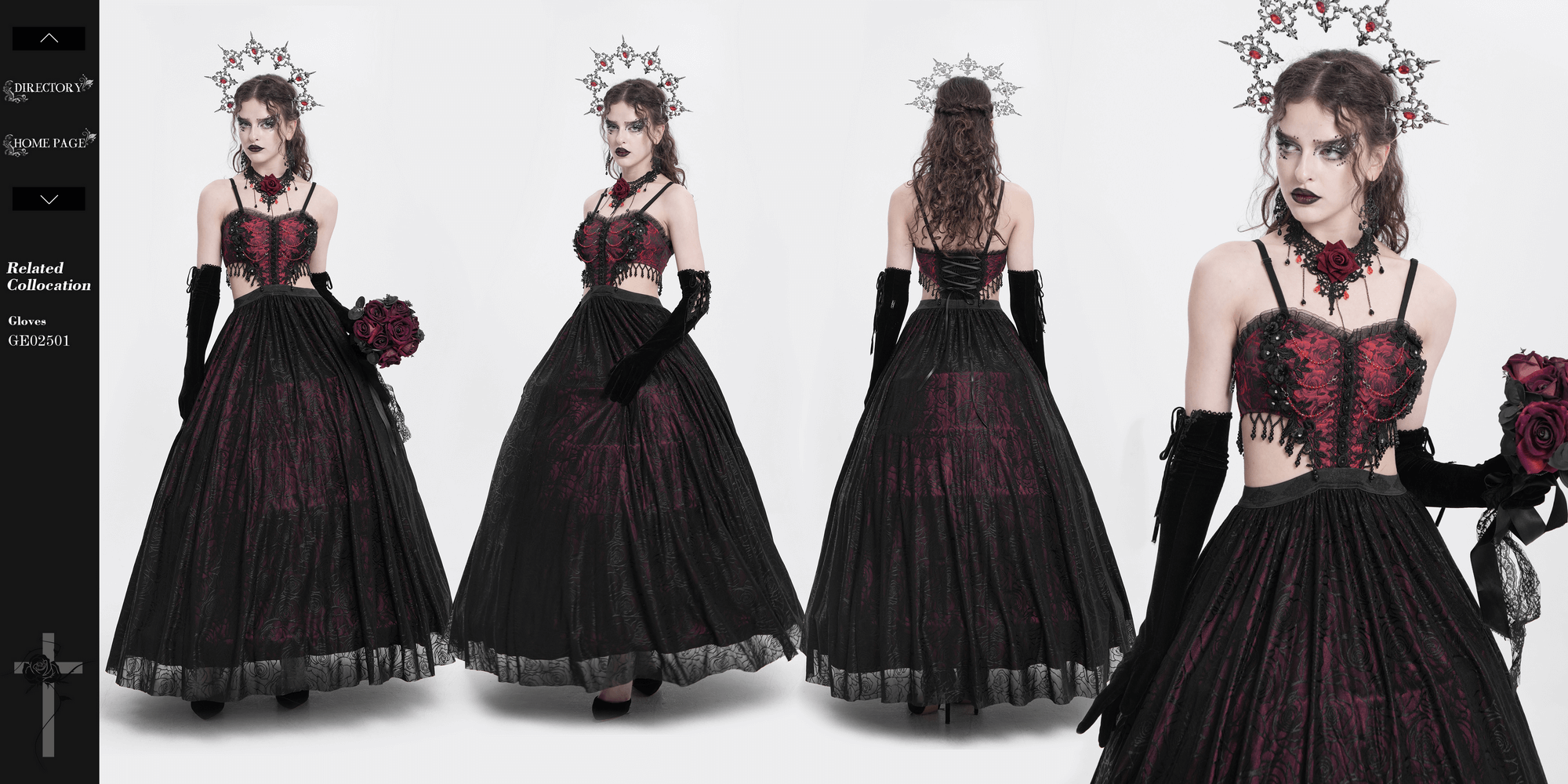 Elegant Gothic floral corset dress with lace details, sheer skirt, and dramatic accessories, perfect for dark romantic occasions.