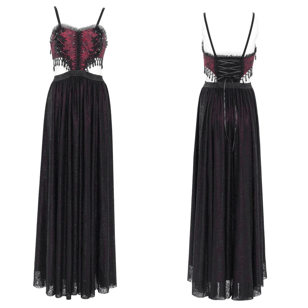 Elegant Gothic floral corset dress with lace detailing and sheer skirt, perfect for dark romantic events.