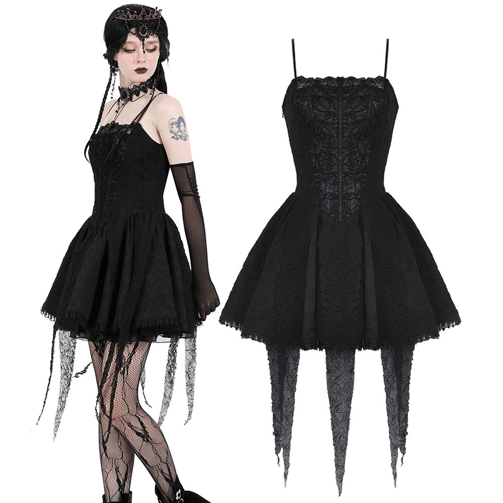 Elegant black Gothic lace dress with straps, featuring a fitted bodice and flared skirt for special occasions.