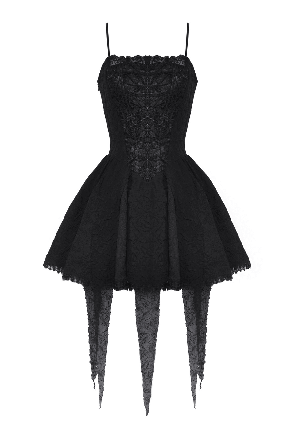 Elegant Gothic black lace dress with straps, perfect for special occasions and flattering silhouettes.