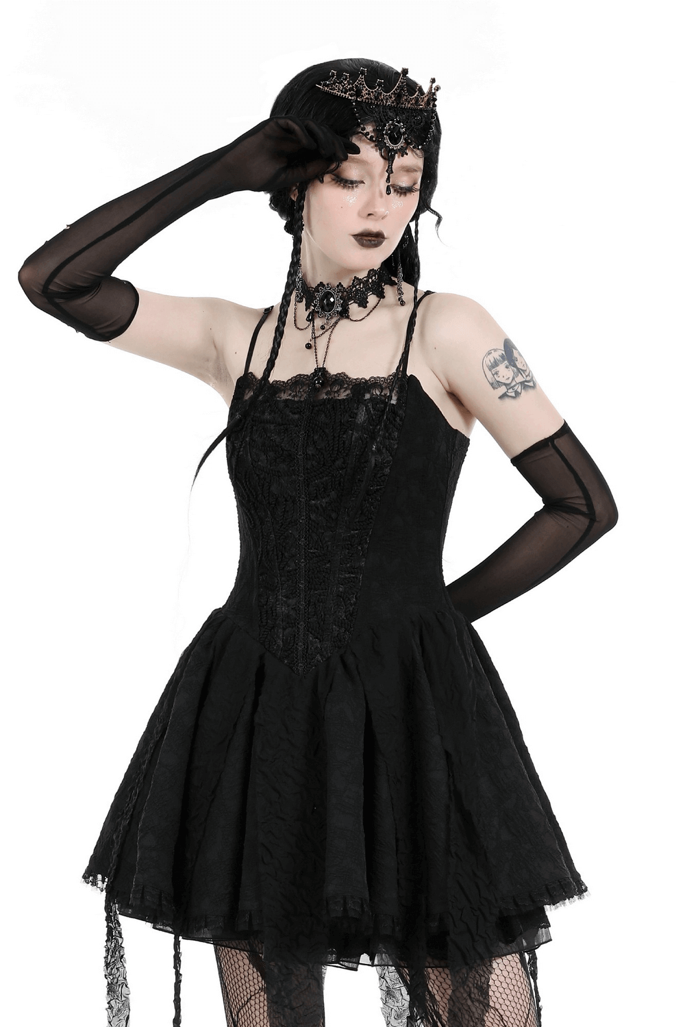 Elegant black gothic lace dress with straps, perfect for special occasions and dramatic flair.