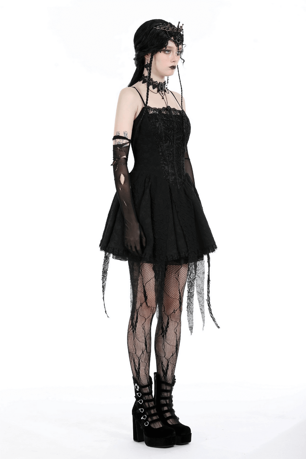 Elegant black gothic lace dress with straps, perfect for special occasions and stylishly paired accessories.