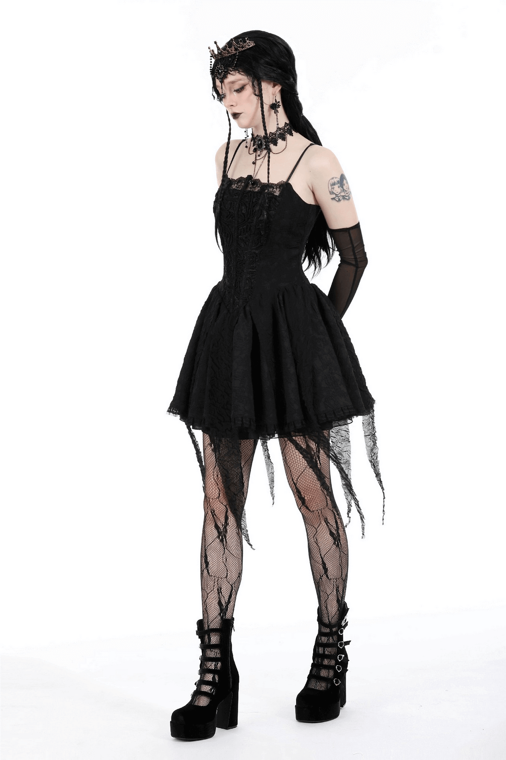 Elegant Gothic black lace dress with straps, perfect for special occasions and adding a dramatic flair.