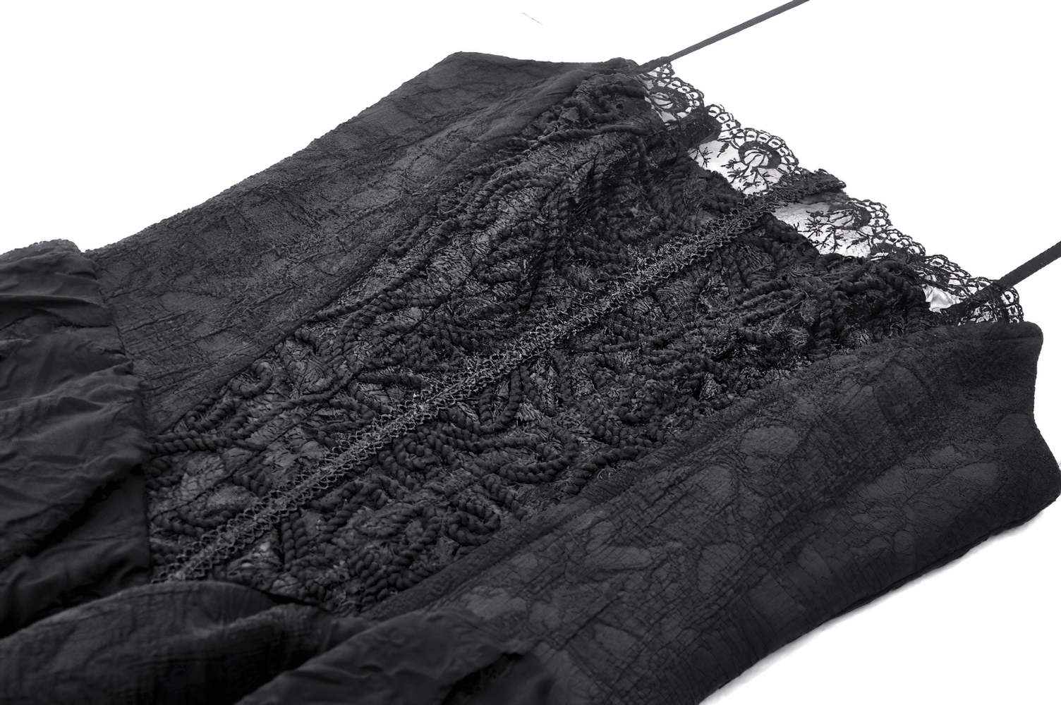 Elegant black lace dress with straps, showcasing intricate detailing and a flattering fit for special occasions.
