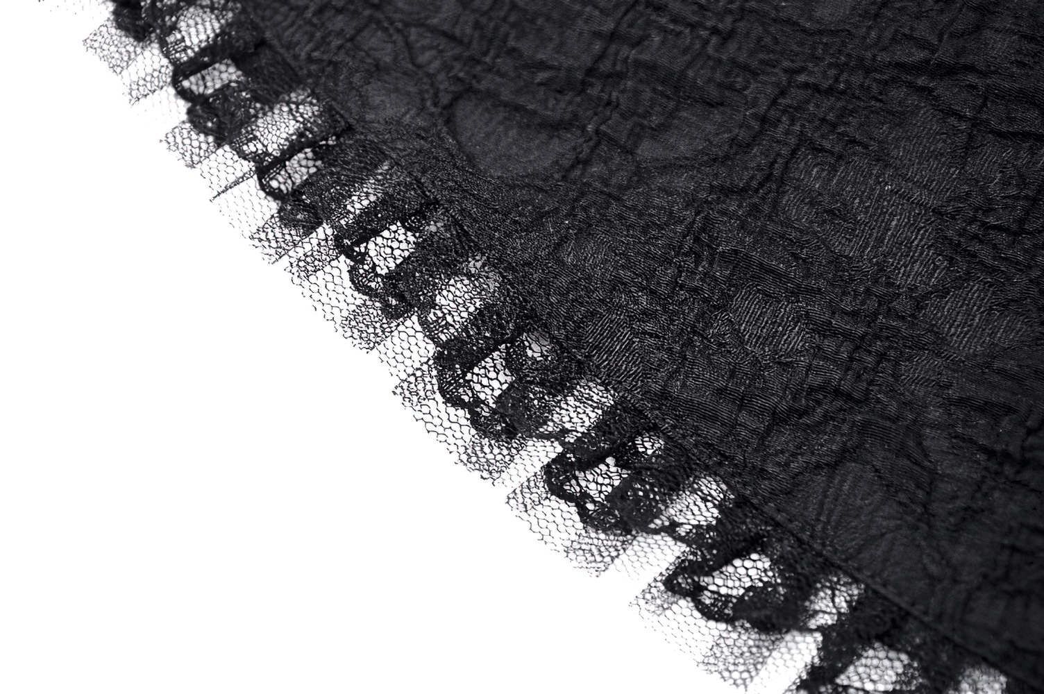 Close-up of intricate black lace fabric with a delicate frill, perfect for elegant gothic or evening dresses.