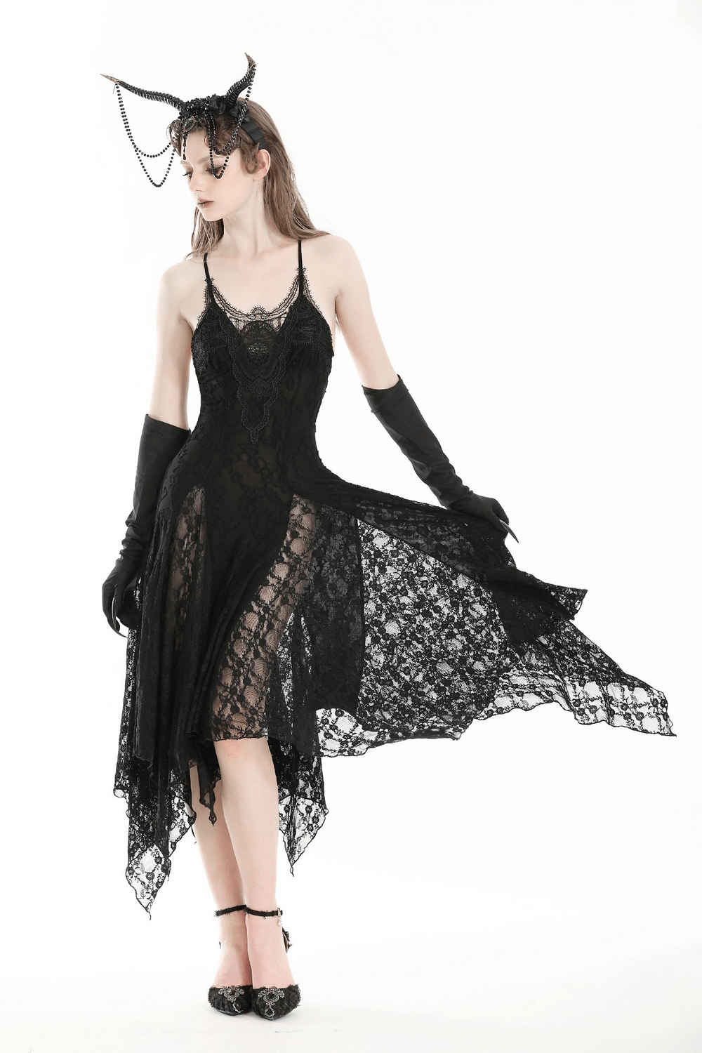 Stunning Lace Asymmetrical Gothic Long Dress with Straps