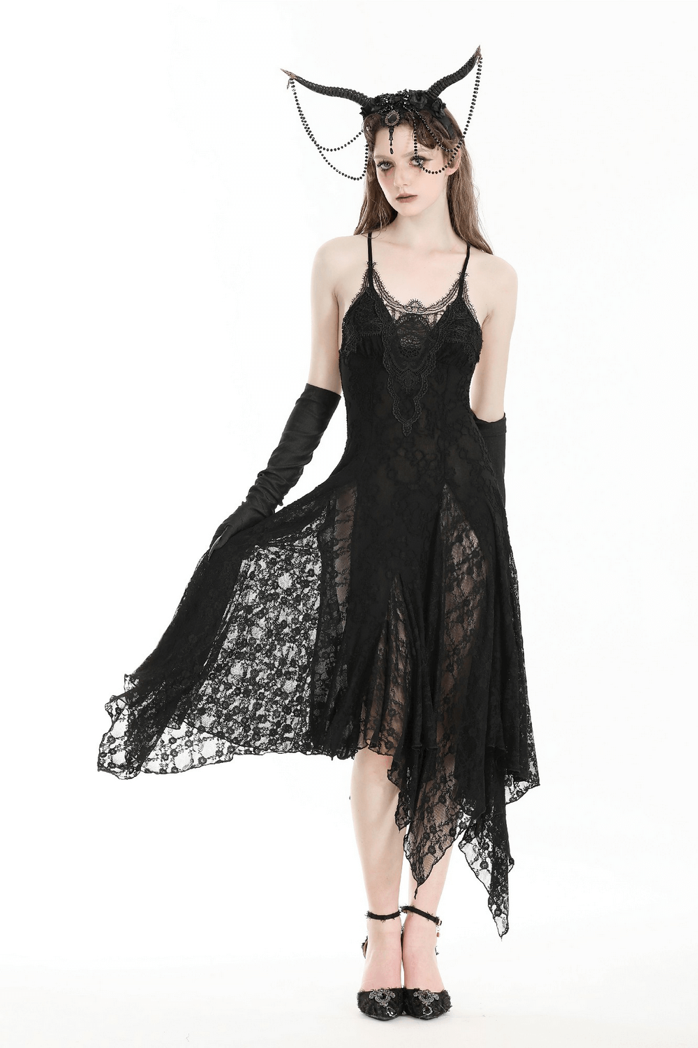 Stunning Lace Asymmetrical Gothic Long Dress with Straps