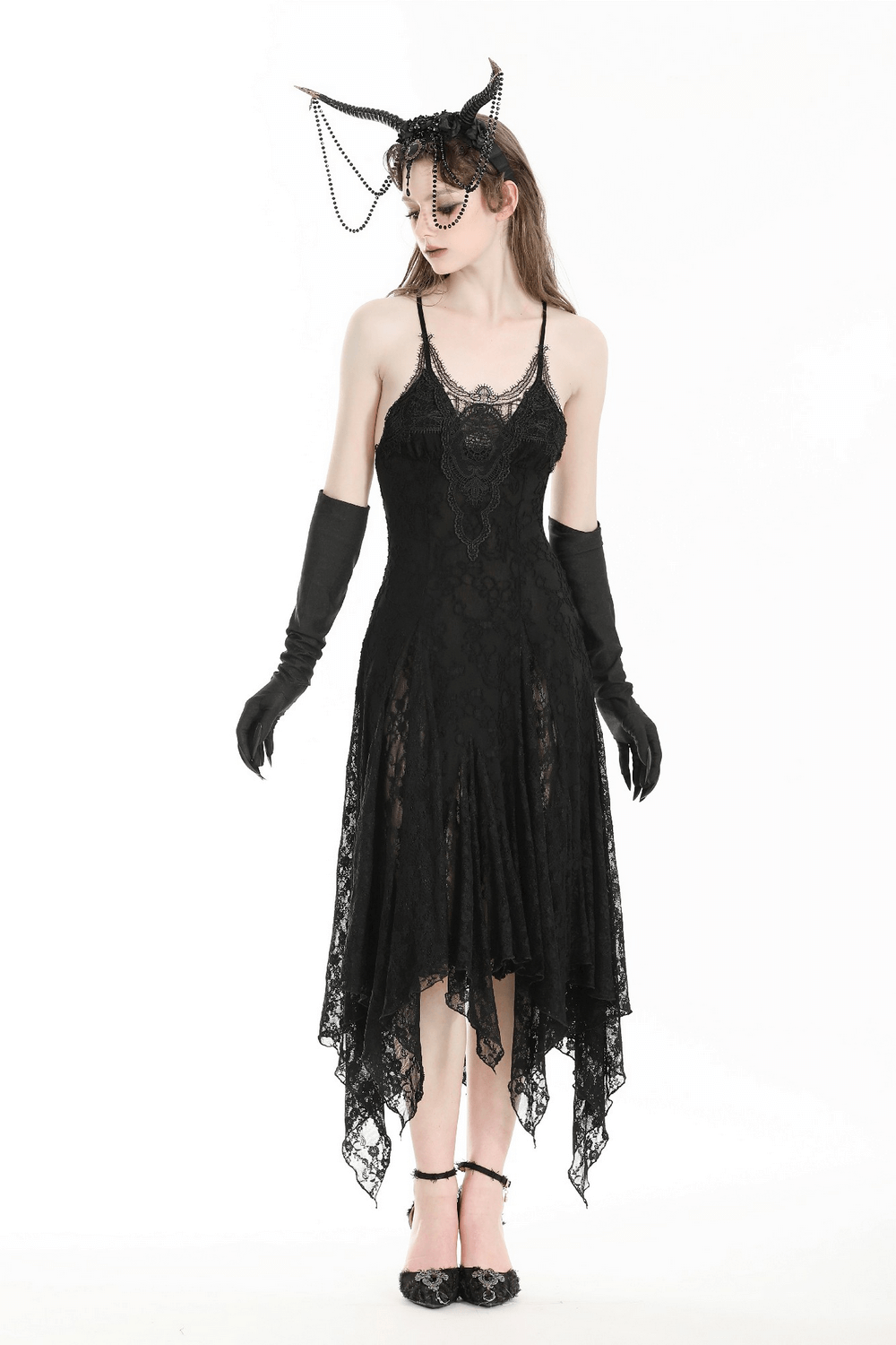 Stunning Lace Asymmetrical Gothic Long Dress with Straps