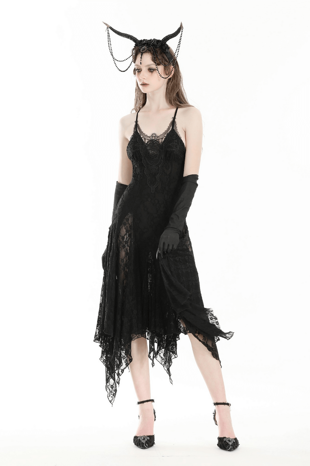 Stunning Lace Asymmetrical Gothic Long Dress with Straps