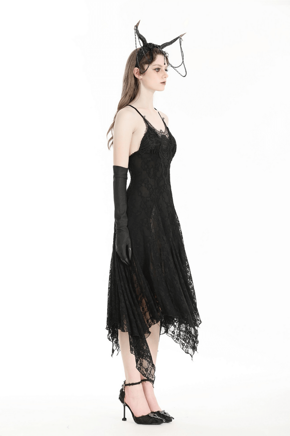 Stunning Lace Asymmetrical Gothic Long Dress with Straps