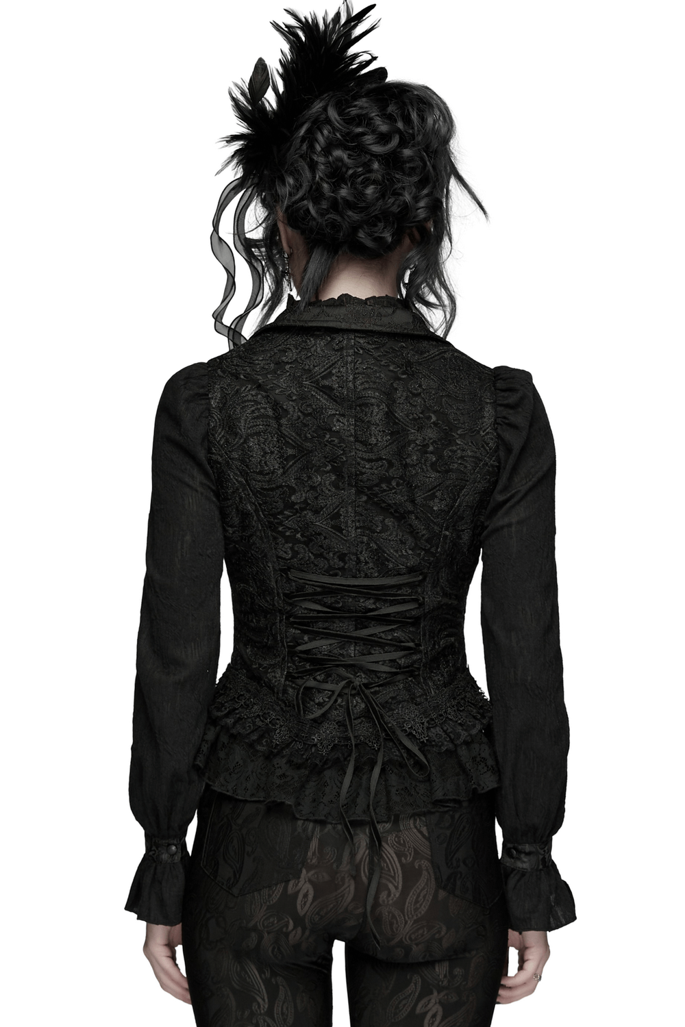Stunning Waistcoat with Tassels and Ruffle Hem for Women, featuring intricate lace and a stylish back design.