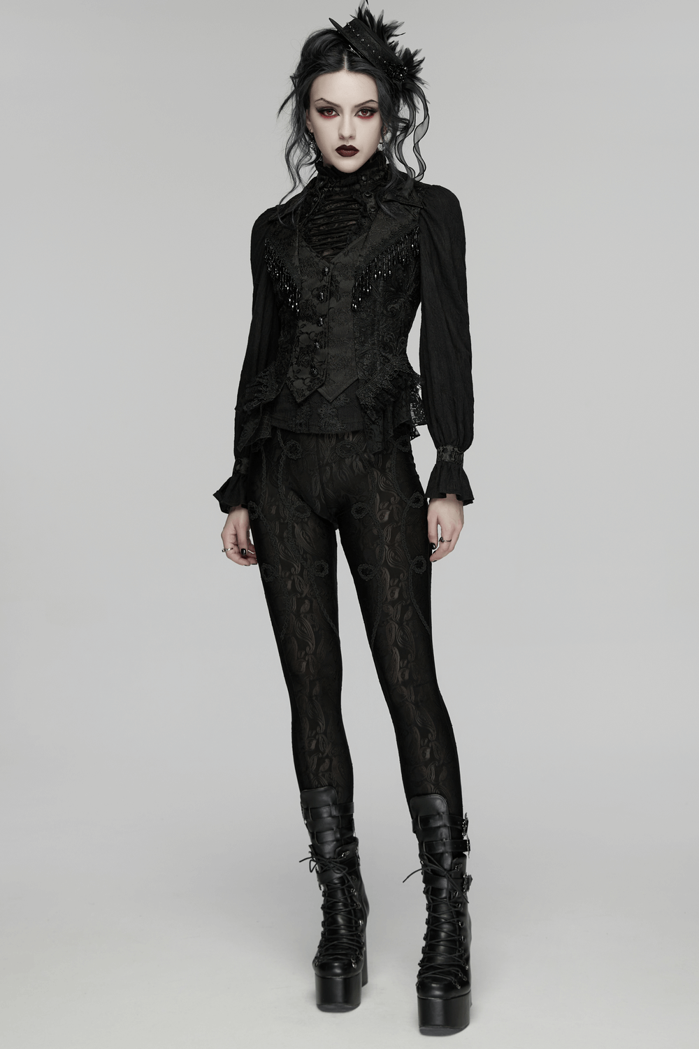 Stunning Waistcoat with Tassels and Ruffle Hem for Women worn by alternative fashion model in Gothic style.