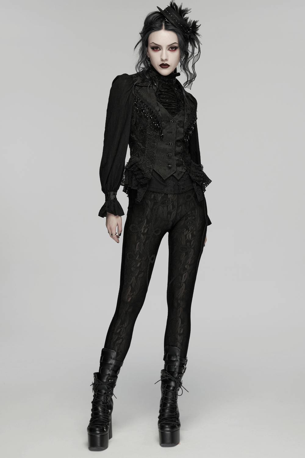 Stunning Waistcoat with Tassels and Ruffle Hem for Women worn by a model showcasing Gothic fashion.