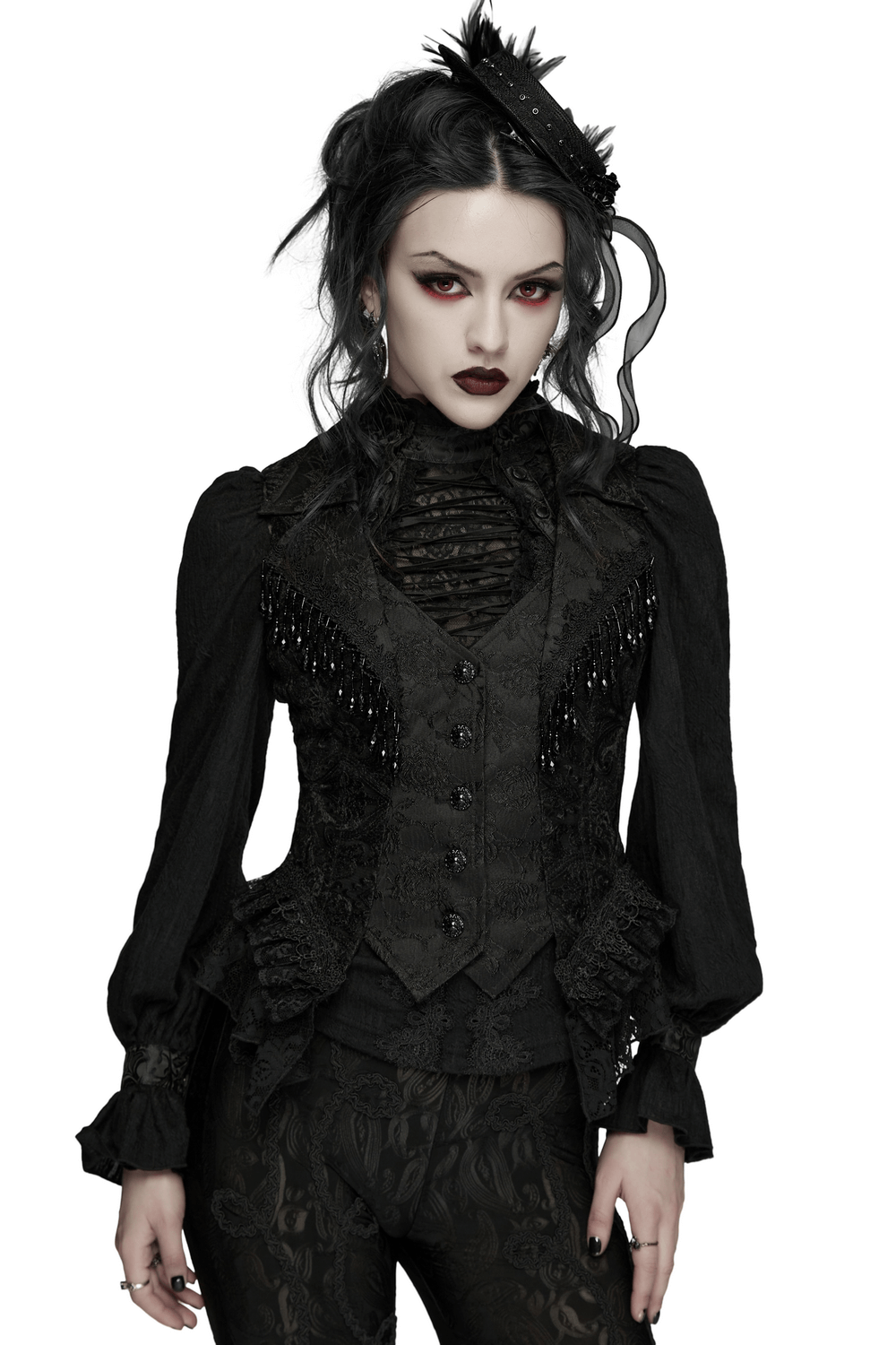 Stunning Waistcoat with Tassels and Ruffle Hem for Women worn by a model with a Gothic aesthetic.