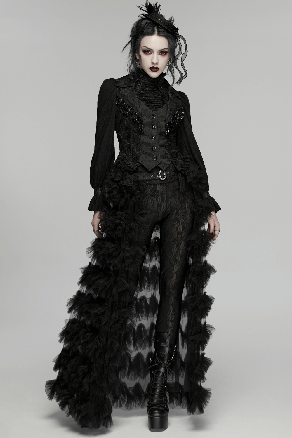 Stunning Waistcoat with Tassels and Ruffle Hem for Women, featuring Gothic-inspired lace and dramatic ruffle details.