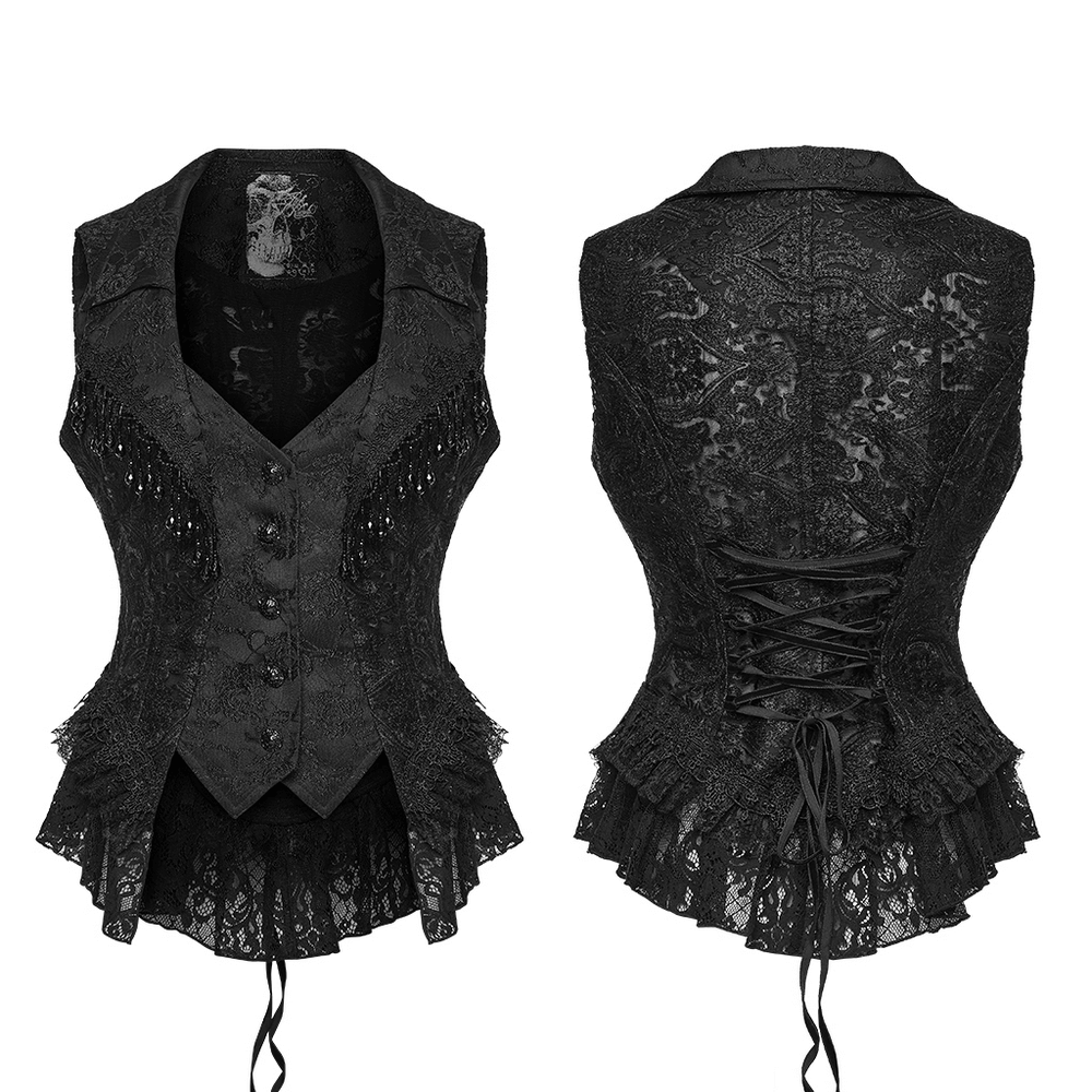 Stunning Waistcoat with Tassels and Ruffle Hem for Women - Gothic lace design with intricate details.