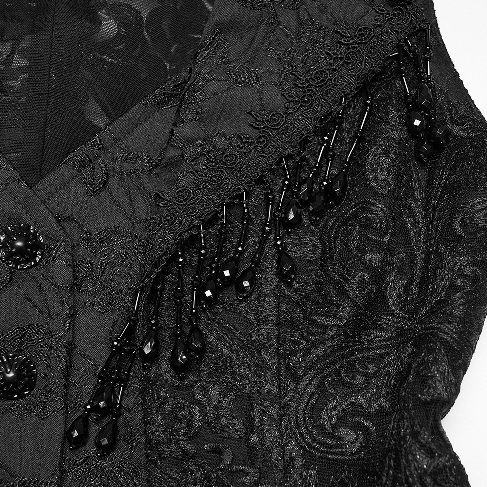 Stunning Waistcoat with Tassels and Ruffle Hem for Women featuring beaded chains and embroidered lace.