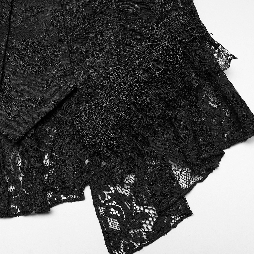 Stunning Waistcoat with Tassels and Ruffle Hem for Women featuring intricate lace details and dramatic ruffle hem.