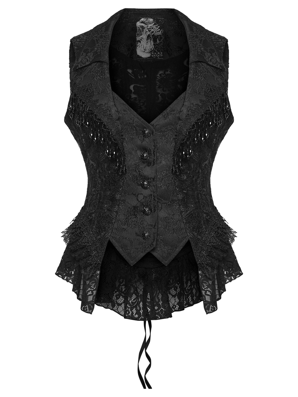 Stunning Waistcoat with Tassels and Ruffle Hem for Women featuring lace details and dynamic tassel bead chains.