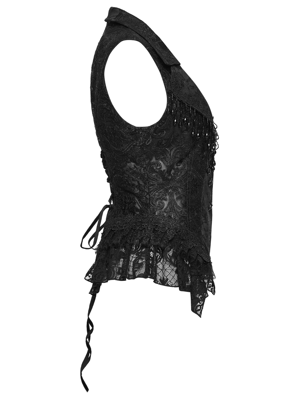 Stunning Waistcoat with Tassels and Ruffle Hem for Women showcasing intricate lace and beaded chains.