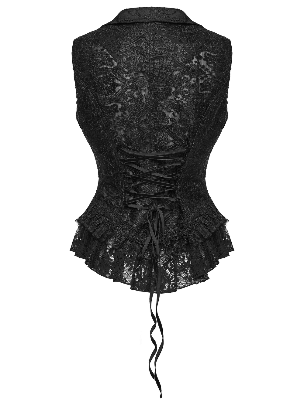 Stunning Waistcoat with Tassels and Ruffle Hem for Women, featuring intricate lace and a dramatic ruffle hem.