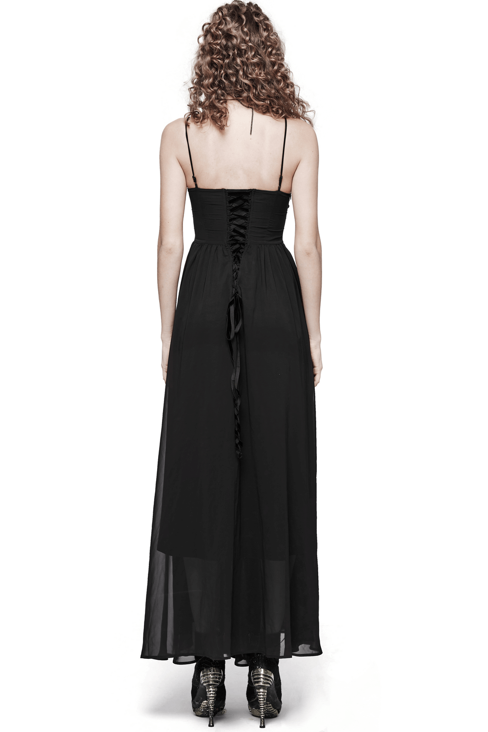 Back view of a stunning black chiffon long dress with adjustable straps and drawstring waist for a perfect fit.