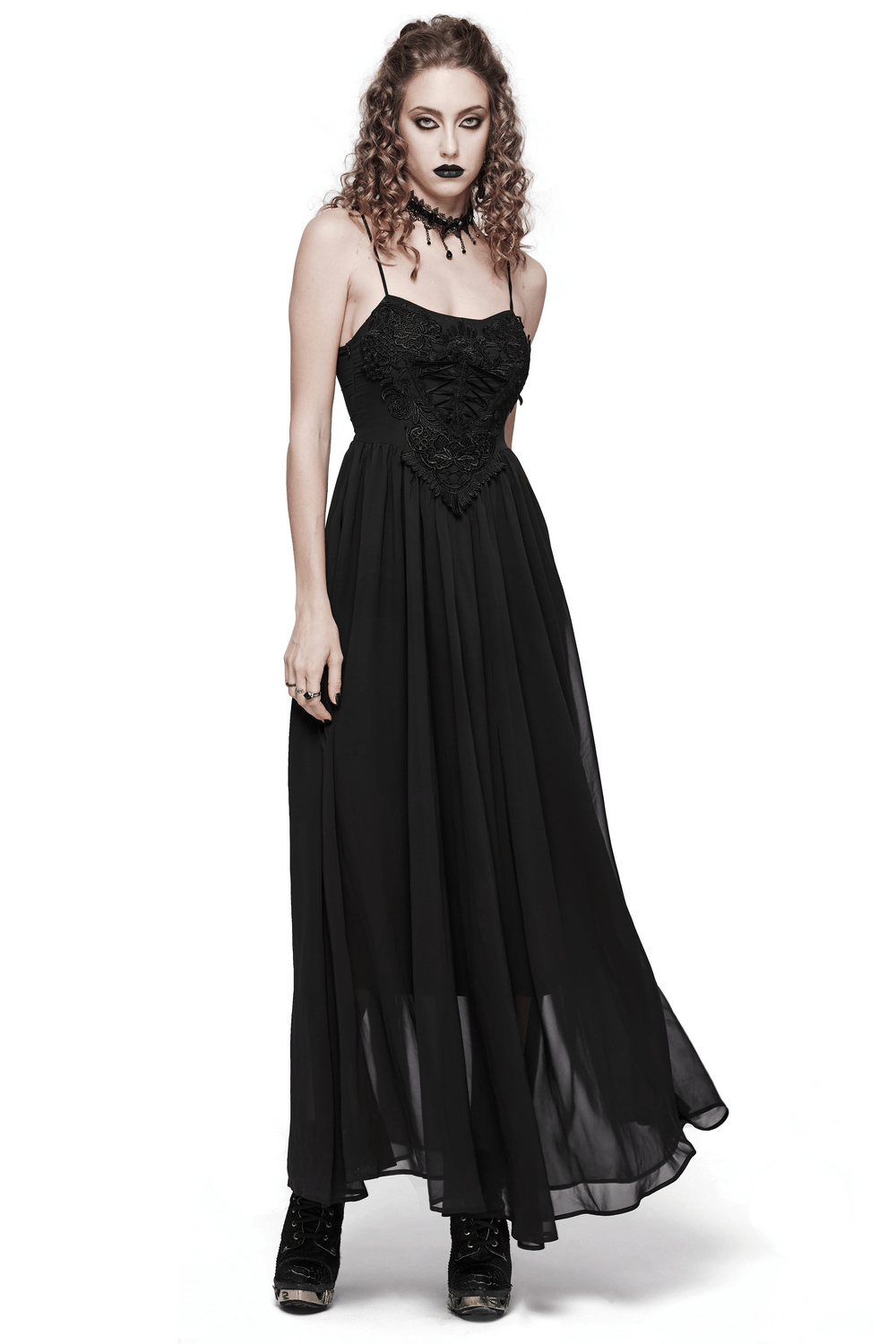 Gothic women's black long chiffon dress with adjustable straps, creating a stunning silhouette for special occasions.