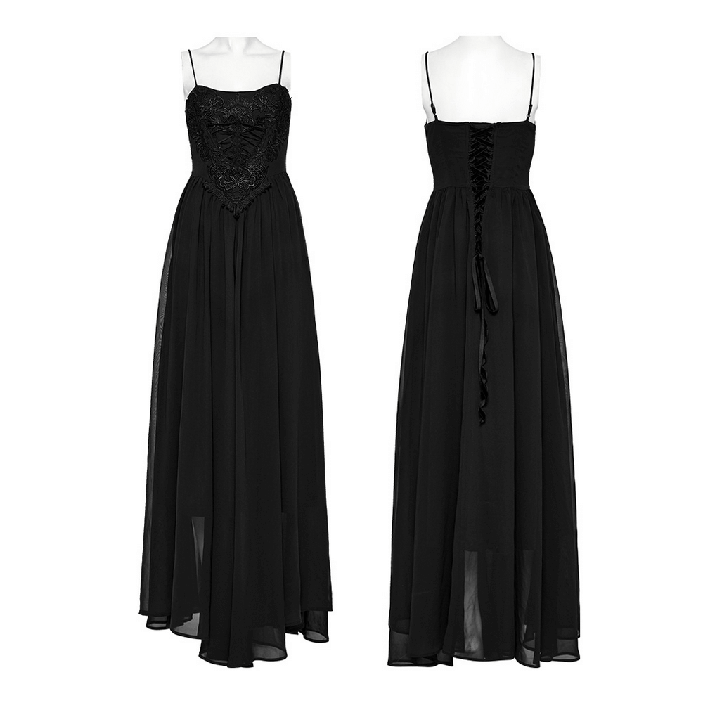 Stunning black long chiffon dress with adjustable straps and inverted triangle waist design.
