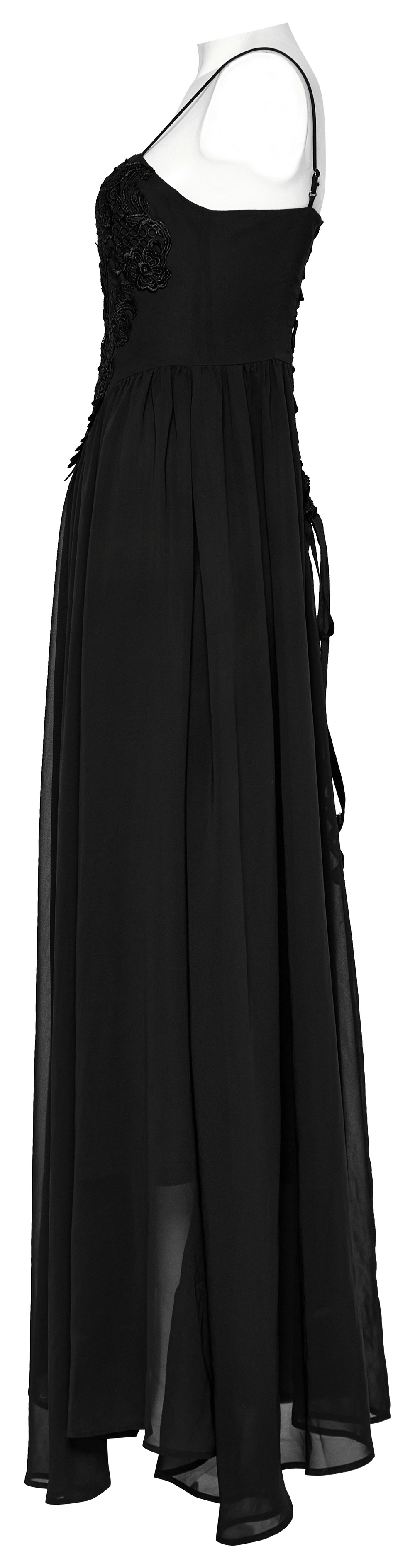 Stunning women's black long chiffon dress with adjustable straps and inverted triangle waist for a flattering fit.