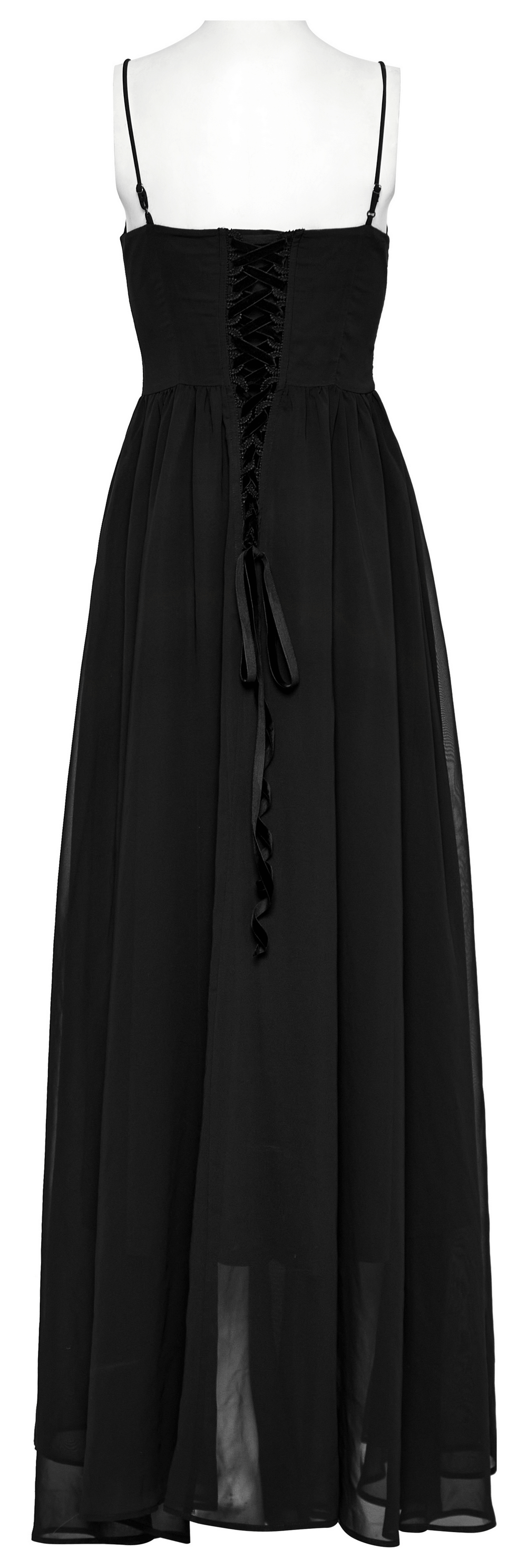 Back view of a stunning black chiffon long dress with adjustable straps and elegant drawstring waist detail.
