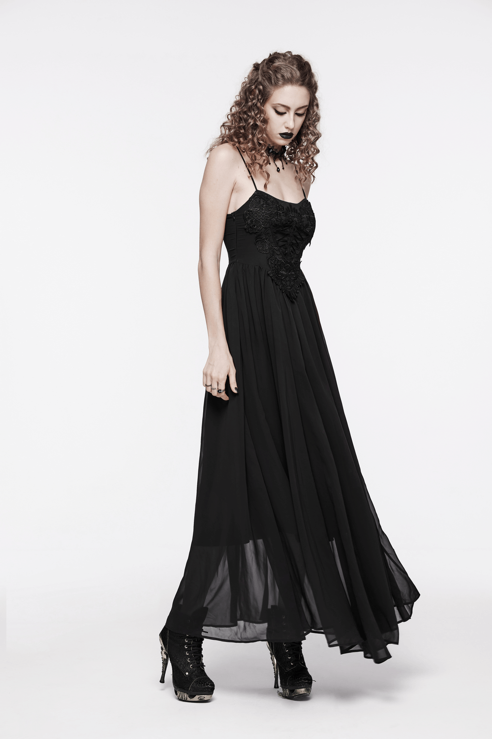 Gothic black chiffon long dress with adjustable straps and inverted waist design, perfect for elegant evenings.