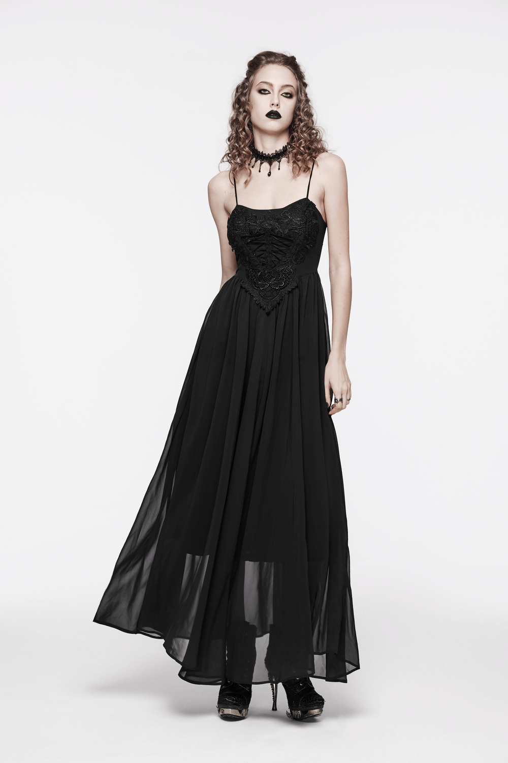 Gothic black chiffon long dress with adjustable straps and a flattering silhouette for a night out.