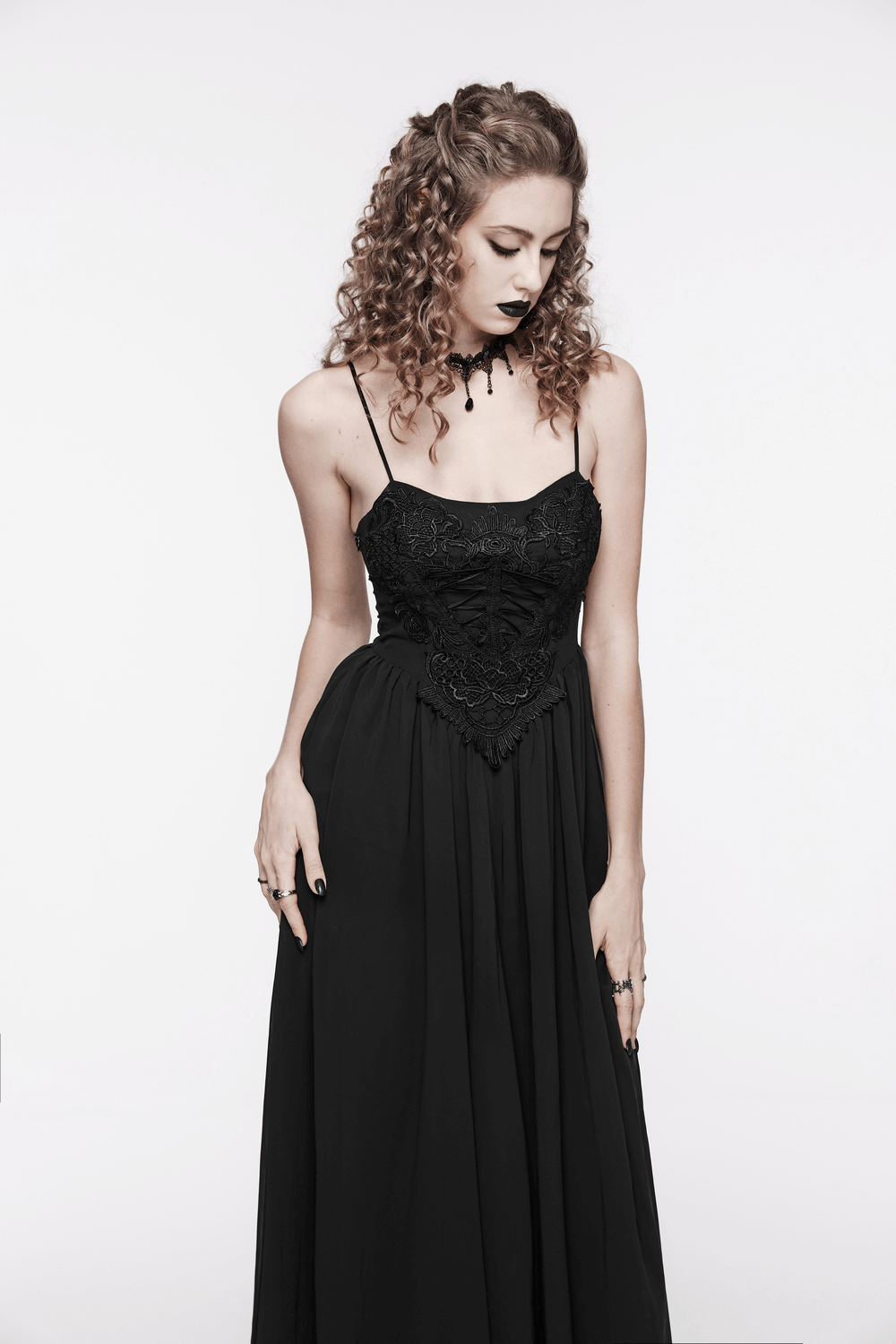 Gothic black long dress with adjustable straps, featuring a stunning inverted triangle waist design.