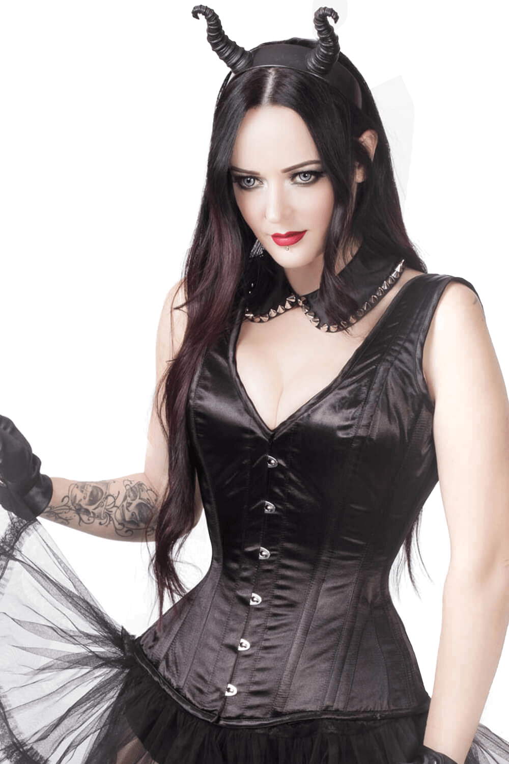 Gothic satin corset with steel bones worn by model, featuring dark styling and alluring design details.